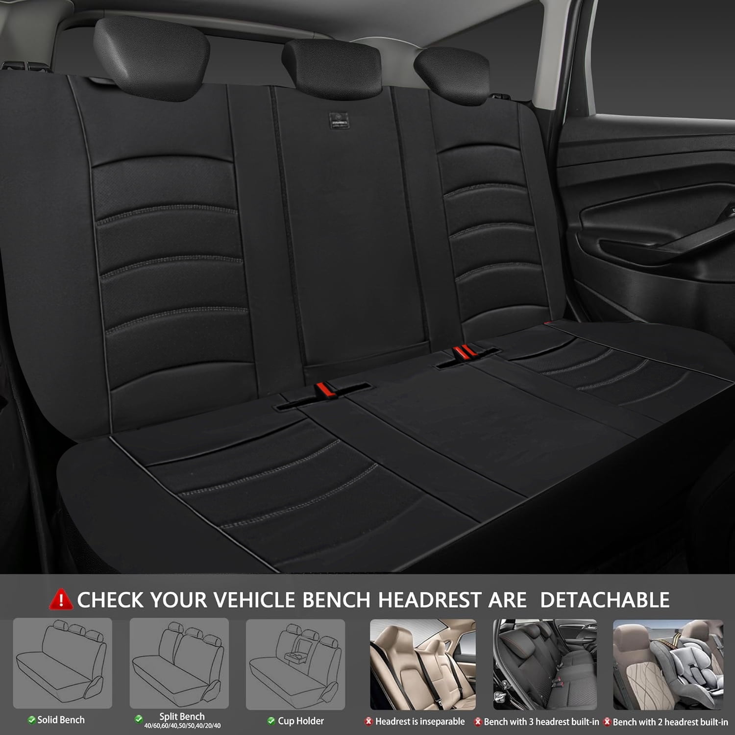 CAR GRAND Comfortable  3D Foam Leather Back Seat Covers, Waterprooof Zipper Split Rear Bench Seat Protectors Universal Fit for Automotive Interior Covers for Car Sedan SUV  All Black