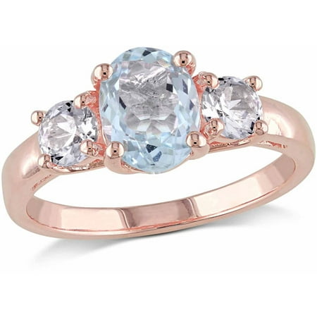 1-5/8 Carat T.G.W. Aquamarine and Created White Sapphire Rose Rhodium-Plated Sterling Silver Three-Stone Ring
