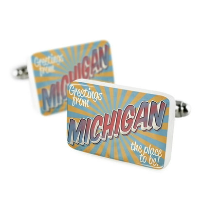 - Cufflinks Greetings from Michigan, Vintage PostcardPorcelain Ceramic NEONBLOND