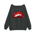 thumbnail image 3 of Tshirts for Women's Long Sleeve Off Shoulder Sweatshirt Lips Printed Crewneck Pullover Hoodless Casual Tops for Fall Winter Valentine's Day A-Dark Gray XXL, 3 of 3