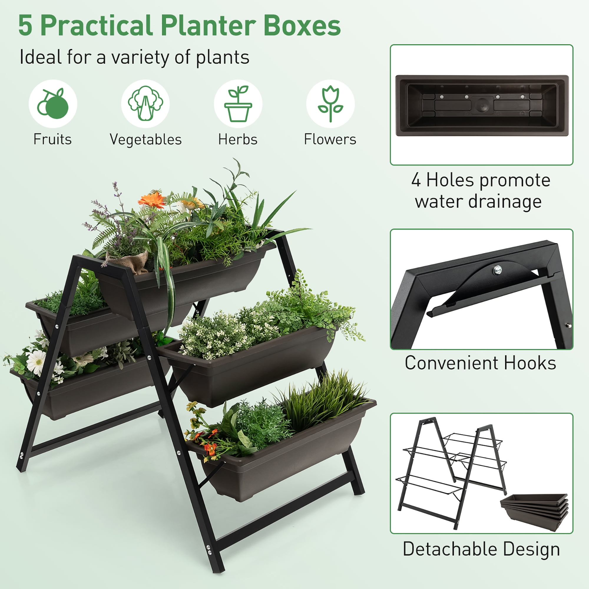 Costway 31”H Raised Garden Bed 3-Tier Vertical Planter w/5 Plant Boxes Indoor Outdoor