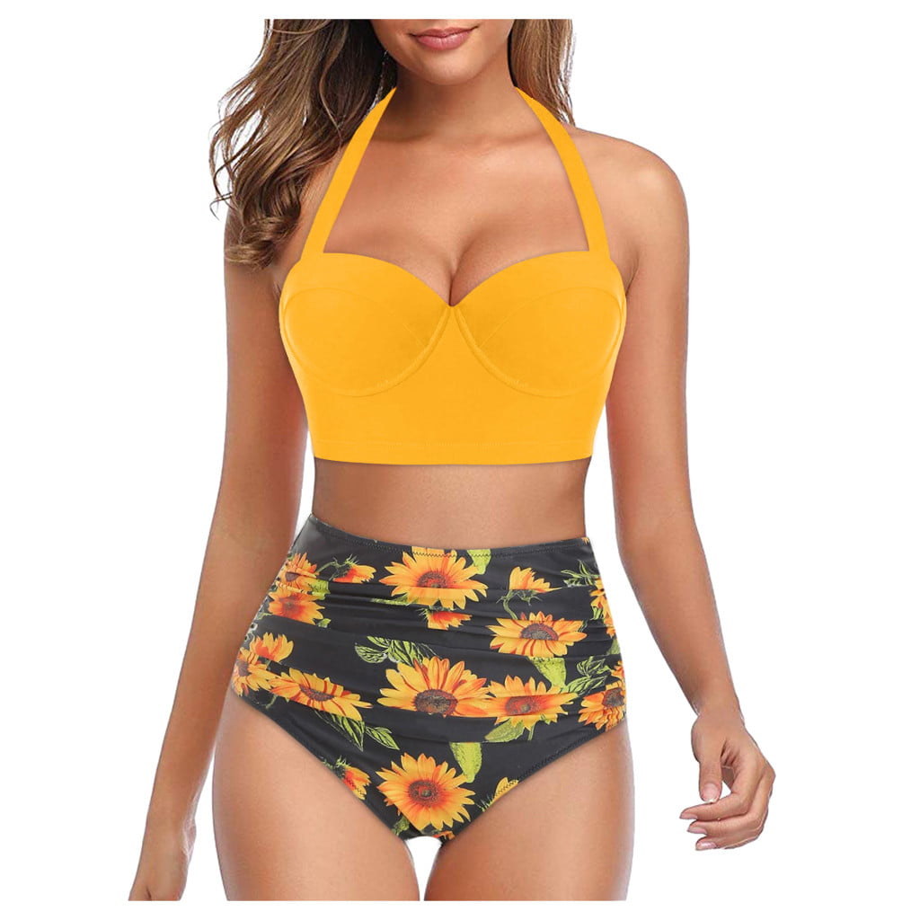 Women Plus Size Floral Swimwear Halter Tankini High Waist Crop Top Shorts Sets 