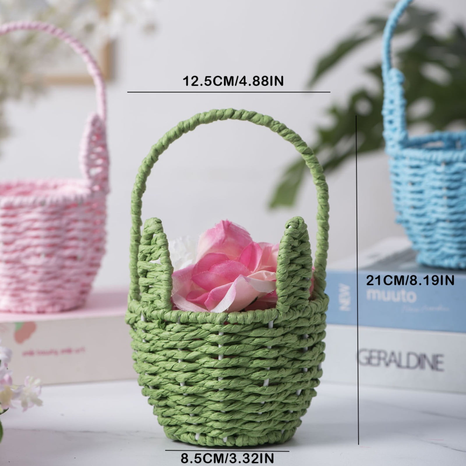 Easter Basket with Handle, Bunny Easter Baskets, Rabbit Harvest Flower Toy Mini Picnic Wine Woven Fruit Birthday Organizer, Easter Egg Cute Cookies Beach Storage, 1 Pcs, 8.19x4.88"