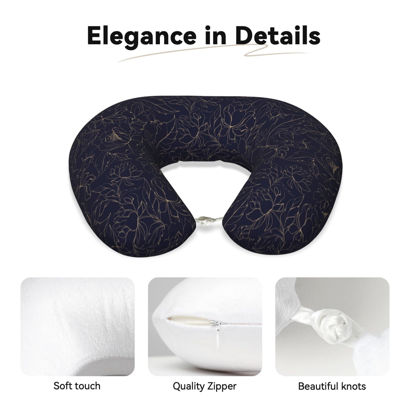 Xecao Copper-Gold Gloss Outline Peony Print Memory Foam Cervical Neck Pillow Versatile U-Shaped Pillows for Home,Office,Camping,Travelling,Soft Washable Cover