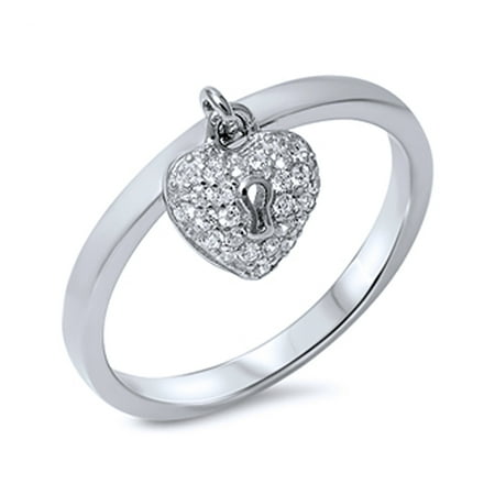 Double Dangling Heart Women's Sterling Silver Round Cubic Zirconia Pave Setting Dangle Heart Promise Ring 2MM ( Size 4 to 10 ) ()