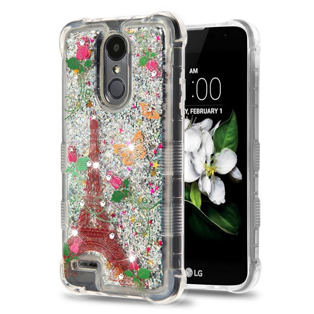 TUFF Liquid Floating Glitter Quicksand Waterfall Hybrid Silicone Gel Phone Protector Case - (Paris Butterfly) and Atom Cloth for LG Rebel 3 4G LTE L157BL, L158VL
