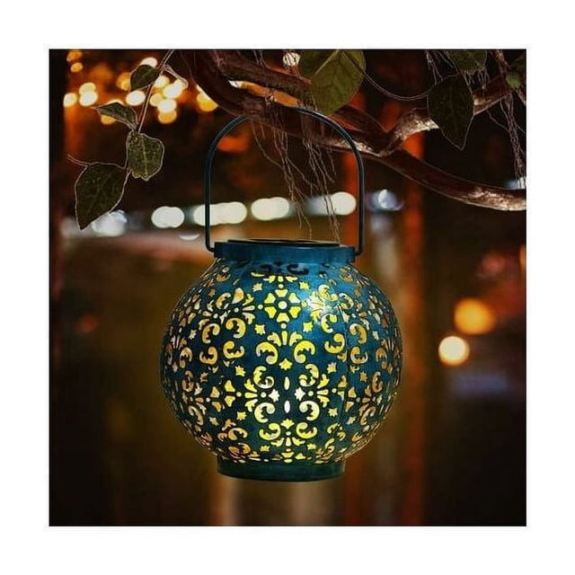 Luces decorativas para exteriores, linternas solares para decoración de patio y jardín, sombras con estampados de flores proyectadas por una lámpara de mesa de metal, diseño a prueba de agua y con