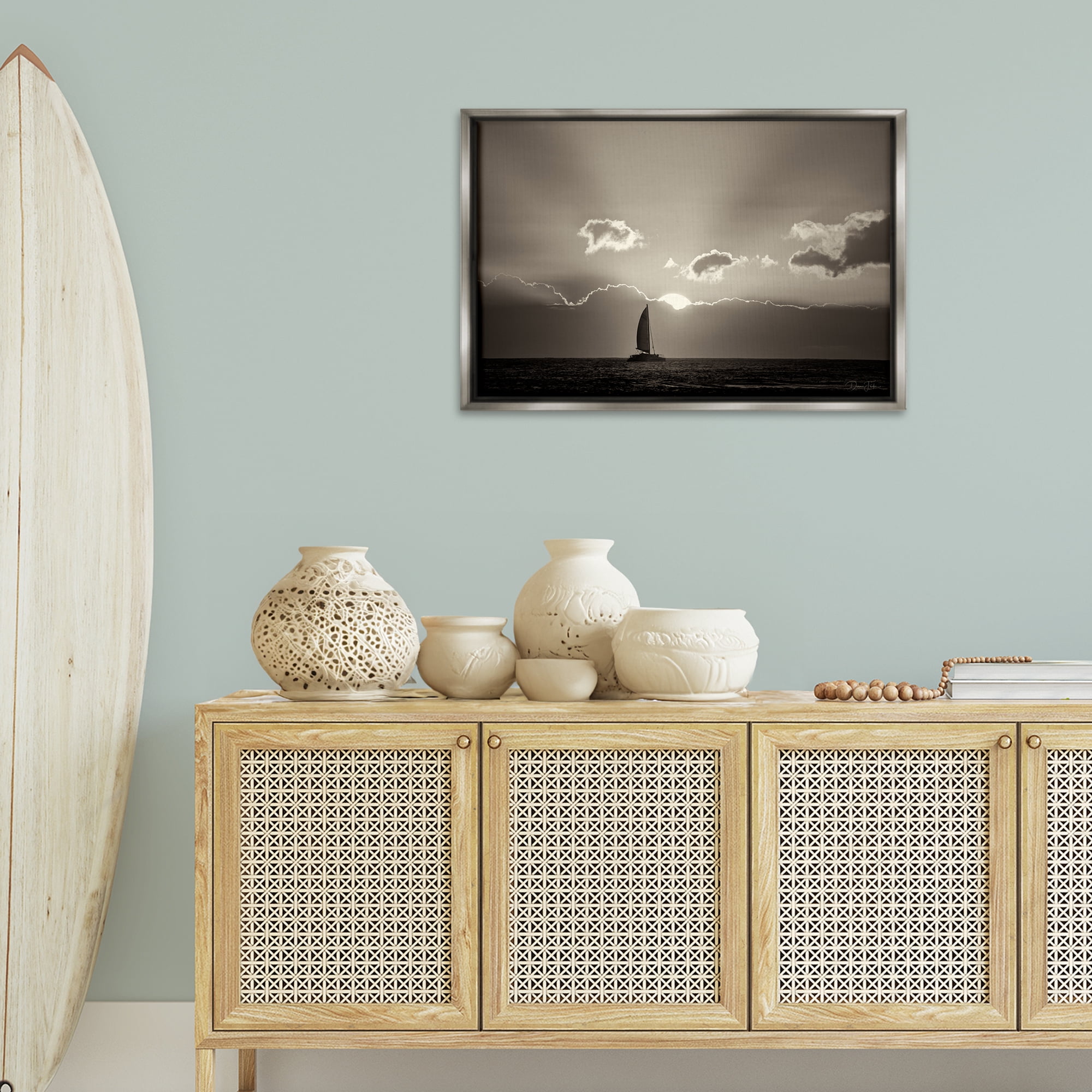 Stupell Industries Sun Peeking Over Boat Landscape & Nature Photography Gray Floater Framed Canvas Art Print Wall Art, 31 x 21