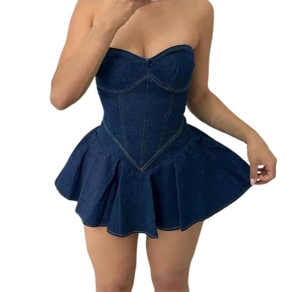 Women's Denim Mini Dress Sexy Off Shoulder Corset Tube Pleated Bodycon Summer Jean Dresses Casual Clubwear Trendy Outfits