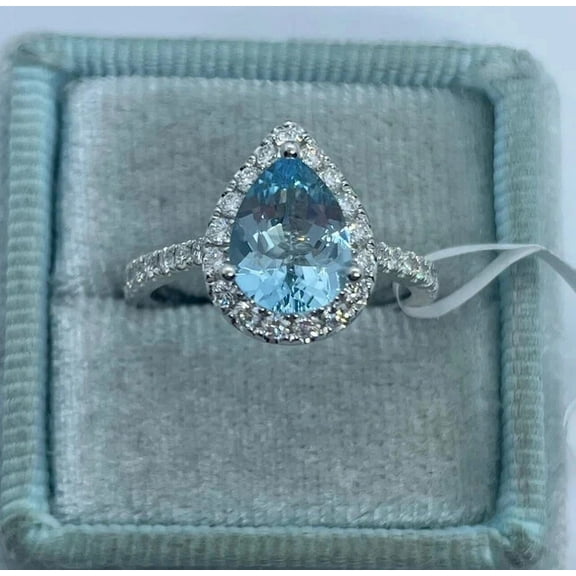2.30Ct Pear Cut Simulated Aquamarine Halo Women's Engagement Gift Ring 14K White Gold Plated