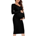 thumbnail image 1 of Robe de Maternité à Manches Longues, Col en V, Tricot Extensible, Robe Chandail, Vêtements de Grossesse, Robe Décontractée pour Femme, Noir, P, 1 of 4