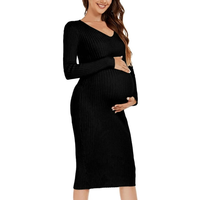 Robe de Maternité à Manches Longues, Col en V, Tricot Extensible, Robe Chandail, Vêtements de Grossesse, Robe Décontractée pour Femme, Noir, P