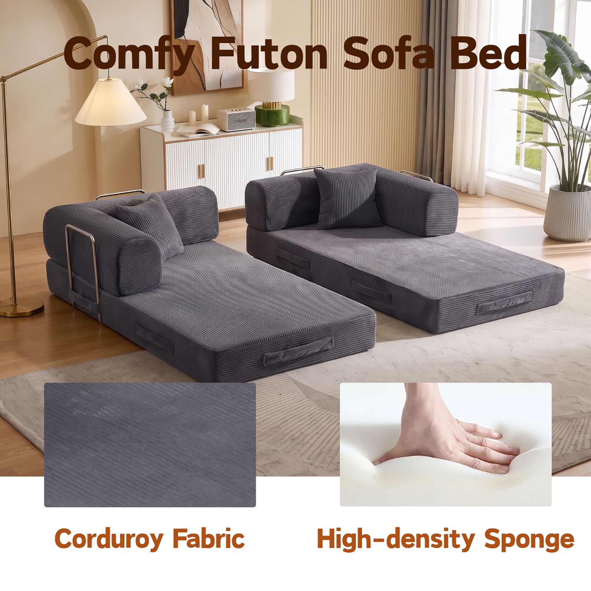 HOQBN Convertible Sofa Bed, Corduroy Fold Out Futon Sleeper Mattress with Pillows, Boneless Folding Floor Couch for Living Room Bedroom Gray