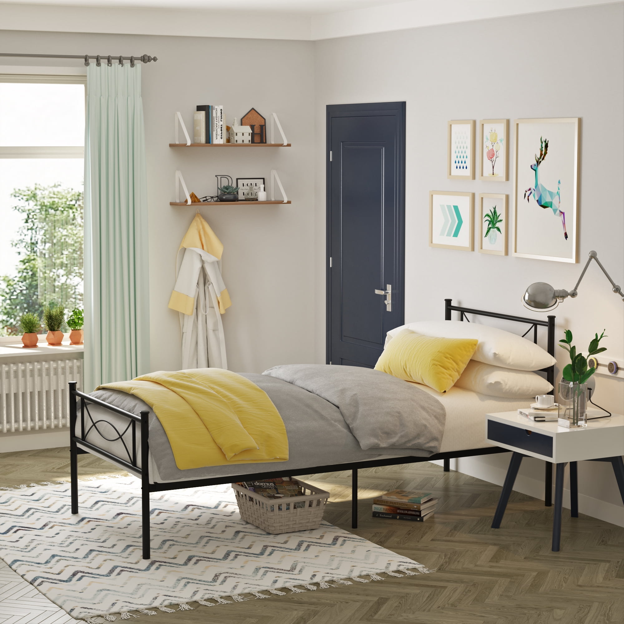 Yoneston Easy Set-up Premium Metal Bed Frame Platform Box Spring with Headboard, Twin, Black