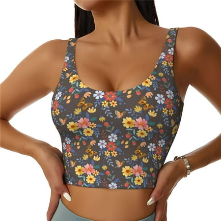 Jgfou Colorful Flowers with Butterfly Print Womens Sports Bra - Padded Workout Sports Bras Crop Tank Top