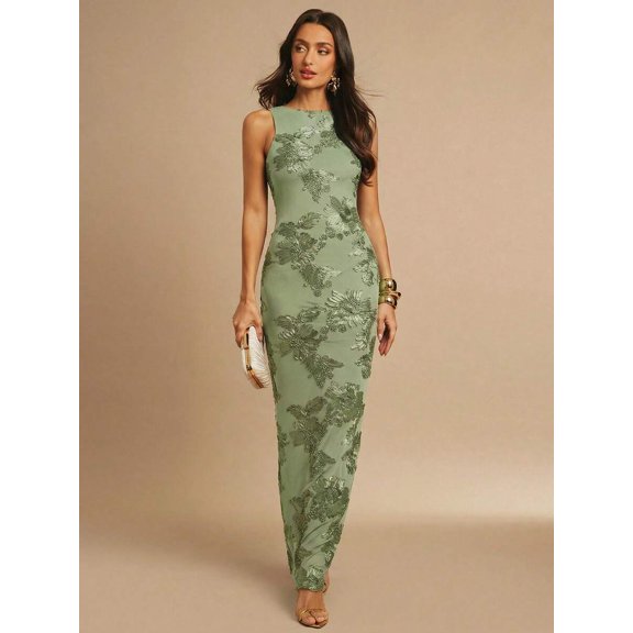 Mint Green 3D Floral Embroidered Sleeveless High Neck Fitted Maxi Dress