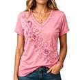 thumbnail image 2 of Mfakffe Breast Cancer Shirts for Women Breast Cancer Awareness V Neck Short Sleeve T-Shirt Floral Pink Ribbon Embroidery Effect Casual Loose Tee, 2 of 4