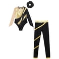 thumbnail image 3 of TiaoBug Kids Girls Diamond Long Sleeve Ballet Gymnastics Leotard Workout Bodysuit with Pants Hair Band Set Gold&Black 12, 3 of 5