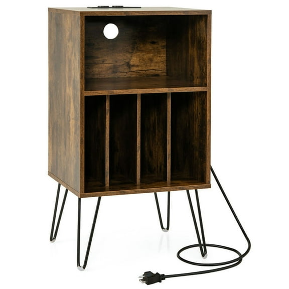 Canddidliike Record Player Stand with Charging Station for Living Room Bedroom-Rustic Brown, Modern Nightstand, End Table for Bedroom Living Room