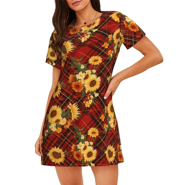 Disketp Red Plaid Sunflower para Camisón Corto de Manga Corta para Mujeres, Camisón Cómodo con Escote Redondo, Bonito y Confortable