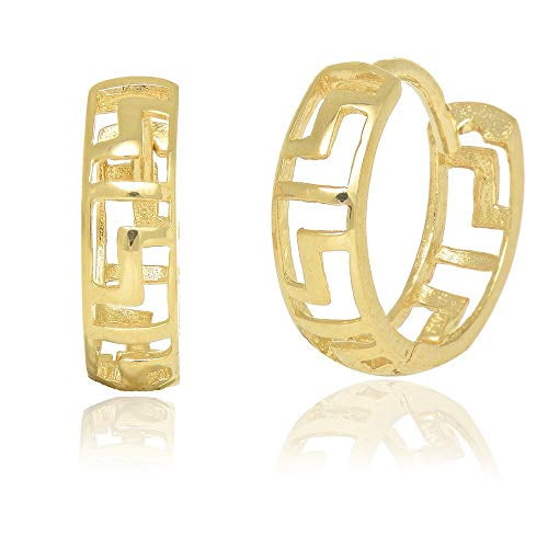 JewelStop 14K Yellow Gold Greek Key Huggies Earrings, 1.09gr.