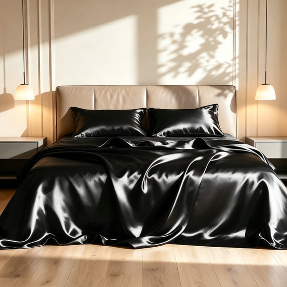 Kisportee Satin Sheet Set, 4 Pcs Queen Size Sheet, Silky Bed Sheets, with Flat Sheet, Deep Pocket Fitted Sheet for Mattress and Satin Pillow Cases, Black