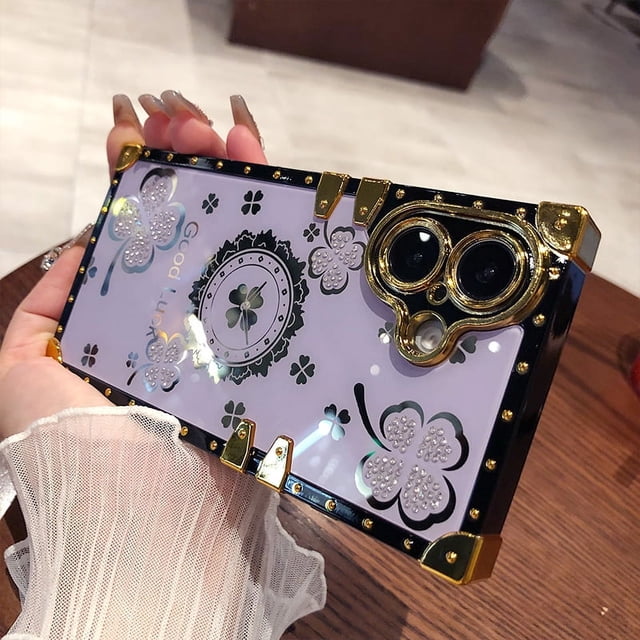 Luxury Retro Diamond Rhinestones Square Case for IPhone 16 12 13 14 15 Pro Max 16pro Soft Silicone Plating Shockproof Cover PURPLE For iPhone 12Pro Max