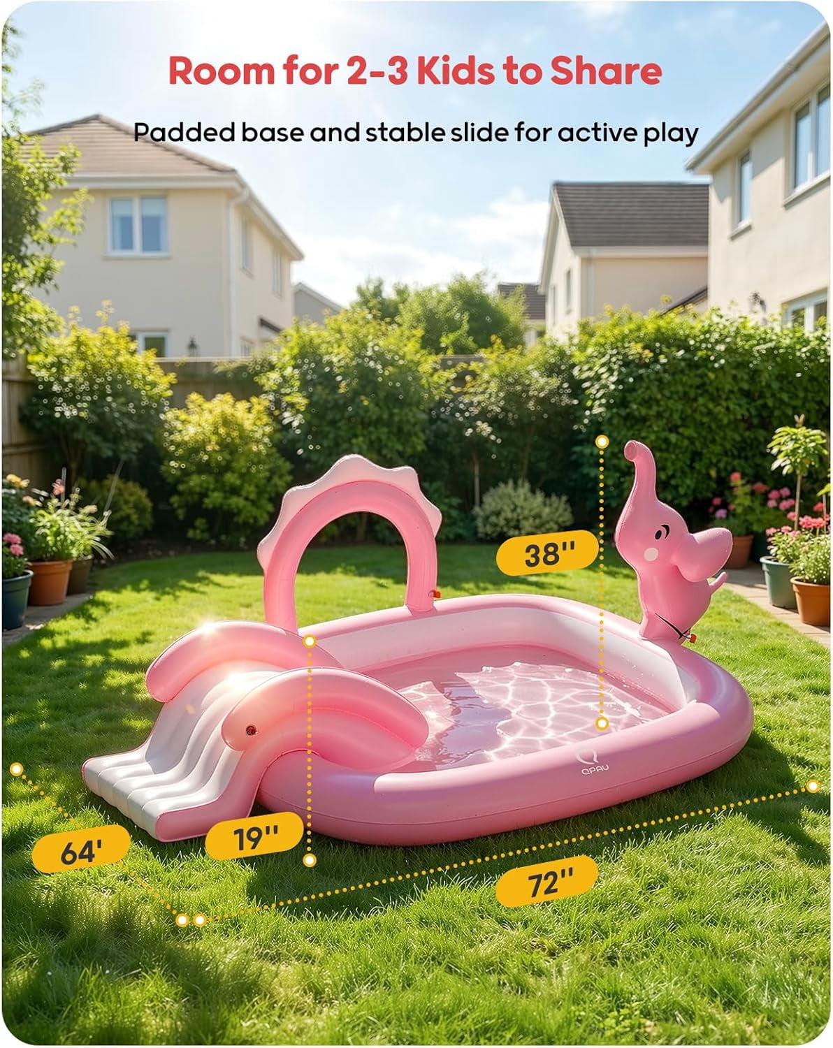 Elephant Kids Pool with Slide and Sprinkler, Inflatable Play Center with 4 Rings, 72 × 64 × 37 in, Fast Inflation Kiddie Pool for Garden & Backyard, Birthday Gift for Ages 1+ (Pink)