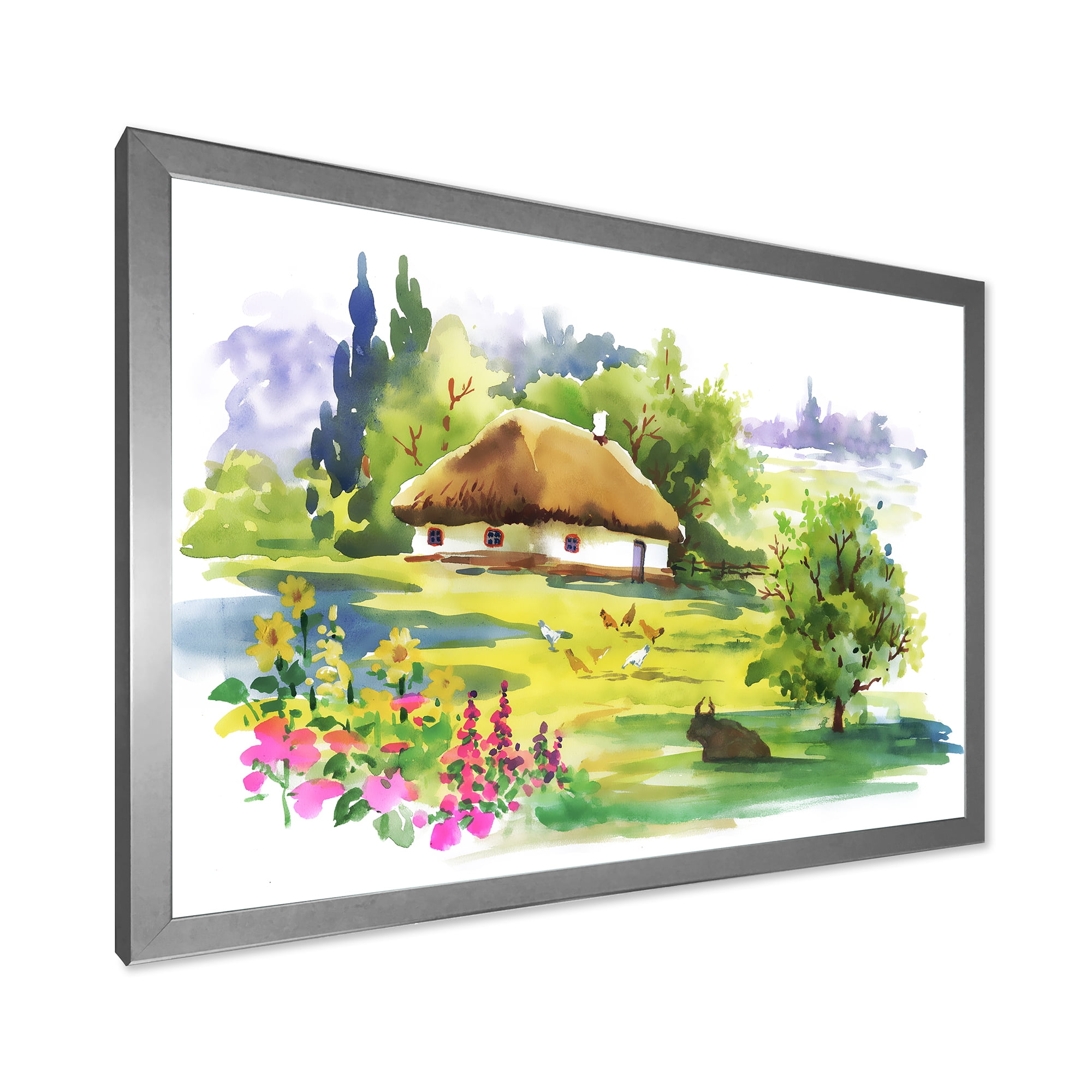 Designart 'Blossoming Greenlands And A Rural House' Traditional Framed Art Print