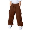 thumbnail image 2 of OOOUM Kids Cargo Pants Elastic Waist Solid Color Wide Leg Pants With Pocket Loose Fit Casual Straight Leg Jeans For Hiking Running Coffee 9-10 Years, 2 of 9