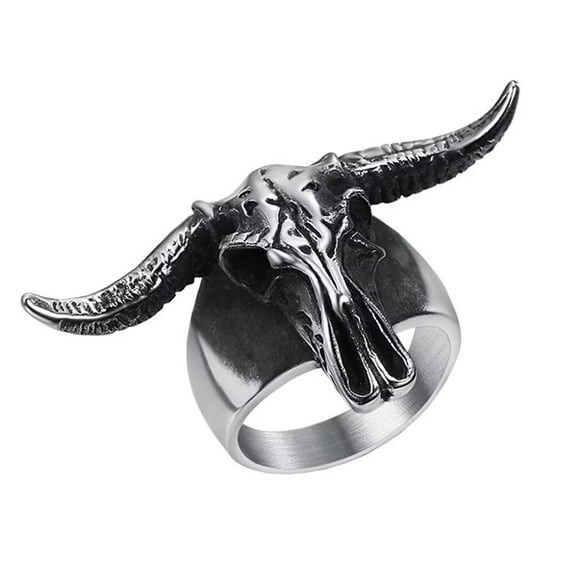 PAMTIER Men's Stainless Steel Vintage Punk Demon Goat Head Horns Skull Gothic Biker Ring Hell Devil Aries Zodiac Skeleton Antique Silver Size 7
