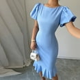 thumbnail image 5 of Uaswgudfs Women's Short Sleeve Fitted Midi Dress - Summer Casual Ruffled Hem & Pleated Accents, Knee-Length Style Sky Blue XL, 5 of 9