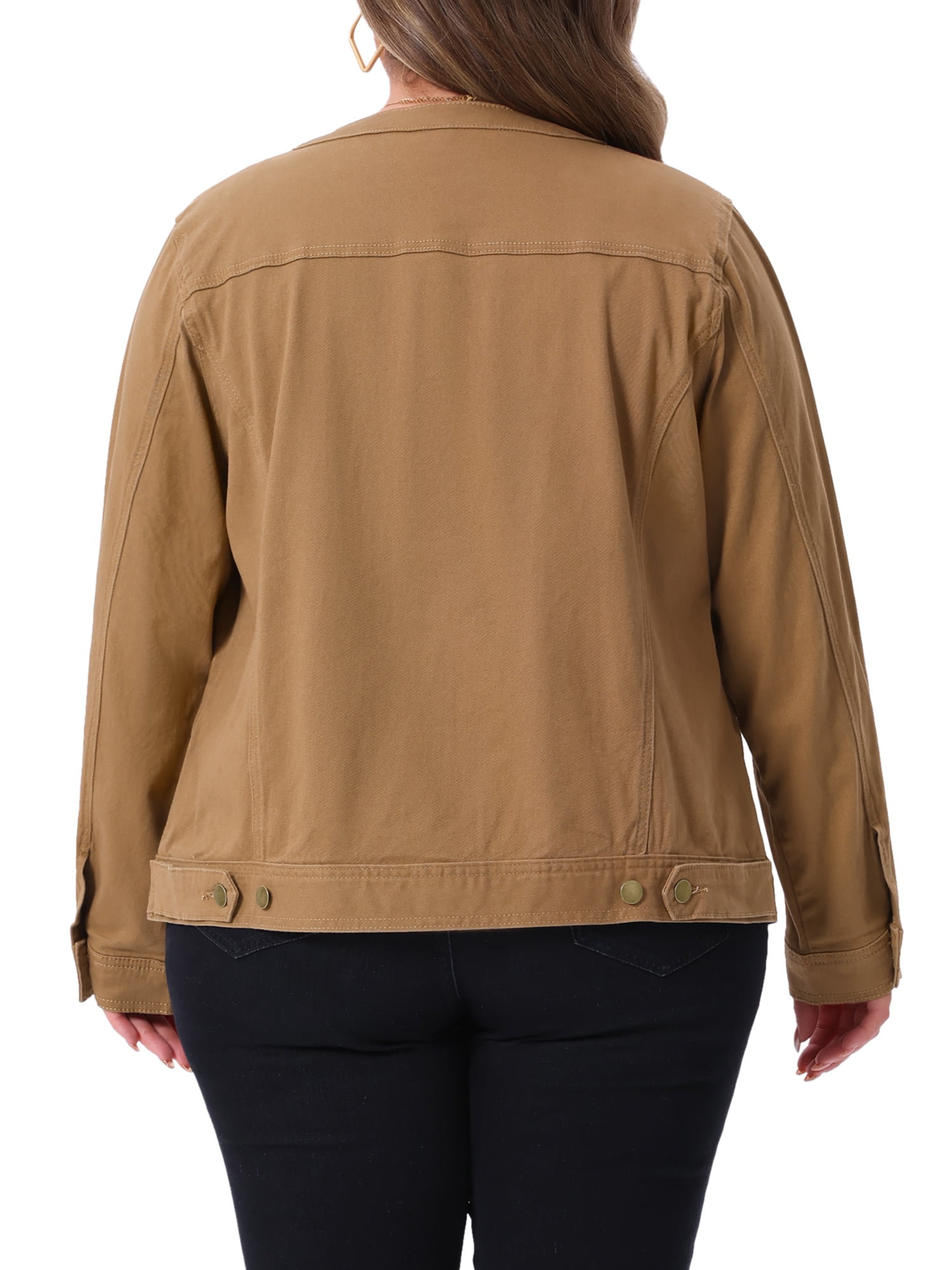 DARING DIVA Women's Plus Denim  Collarless Button Down Cargo Jean Shacket 3X Brown