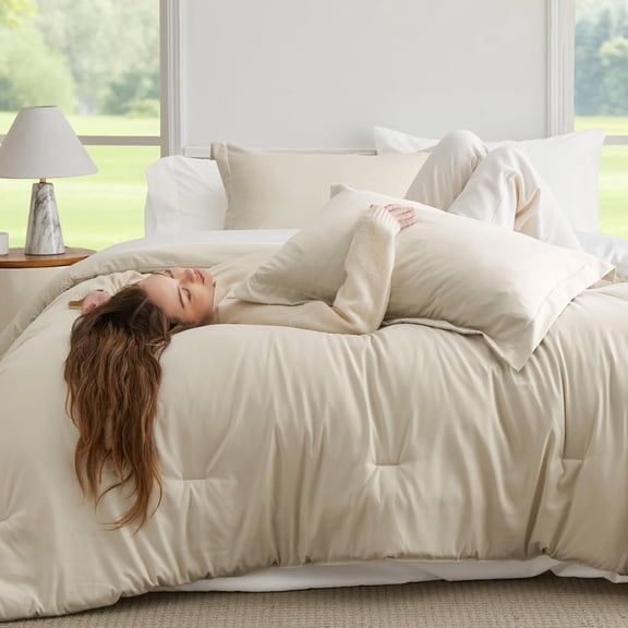 Full Size Comforter Set - 7 Pieces Beige Full Bedding Set for All Seasons