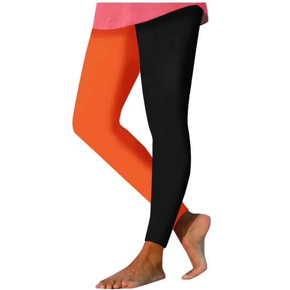Ghalytn Women's High Waist Orange-Black Split Color Stretch Leggings, Halloween Costume Skinny Pants