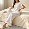 thumbnail image 5 of Tqcoqu Women's 2 Piece Pajama Set, Round Neck Ruffle Short Sleeve Contrast Piping & Drawstring Ruffle Hem Wide Leg Pants, Loungewear Sleepwear for Women, 5 of 6