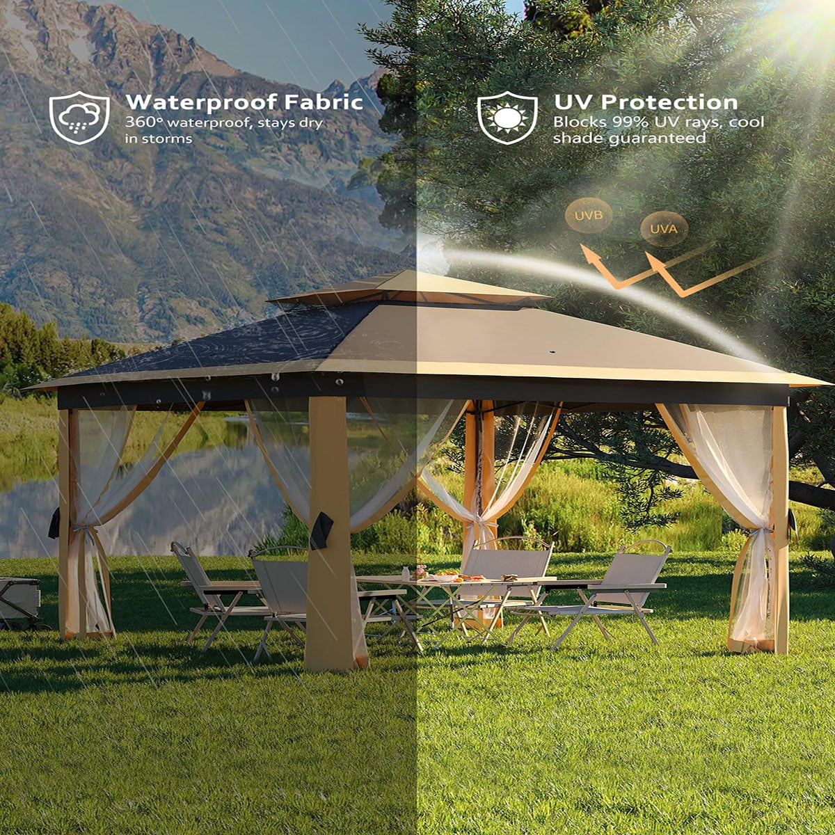 Ataucjin 11x11 FT Outdoor Gazebo, Heavy Duty Pavilion with Sturdy Metal Frame & Double Roofs, Patio Shelter with Mosquito Netting, Ideal for Backyard, Garden, Lawn, Deck