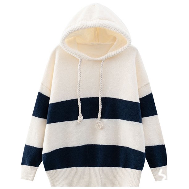 Suéter con capucha suave y glutinoso a rayas de contraste suelto coreano, suéter para mujer, nuevo abrigo de otoño e invierno, suéter de punto que combina con todo