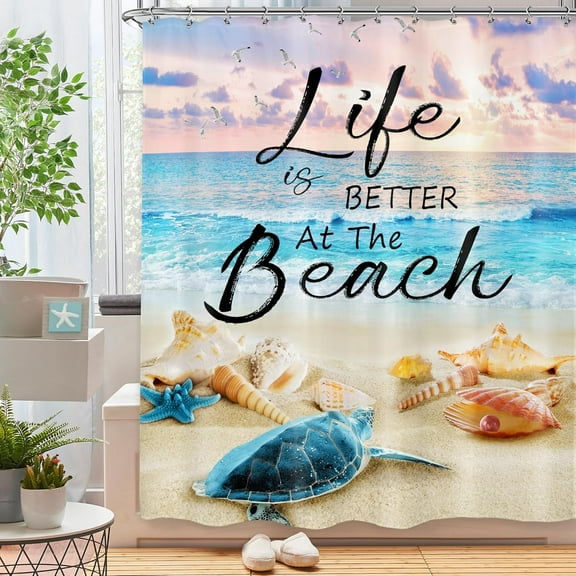 Ocean Beach Shower Curtain 72Wx72H Inch Sea Turtle Inspirational Quotes Coastal Starfish Seashell Sunset Sunrise Motivational with 12 Plastic Hooks Fabric Waterproof Toilet Accessories Decor
