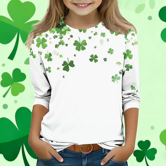 THDHVS Shirts for Teens Girls, Kids Heart Print 3/4 Sleeve Tee for Casual Holiday Wear White 9-10 Years
