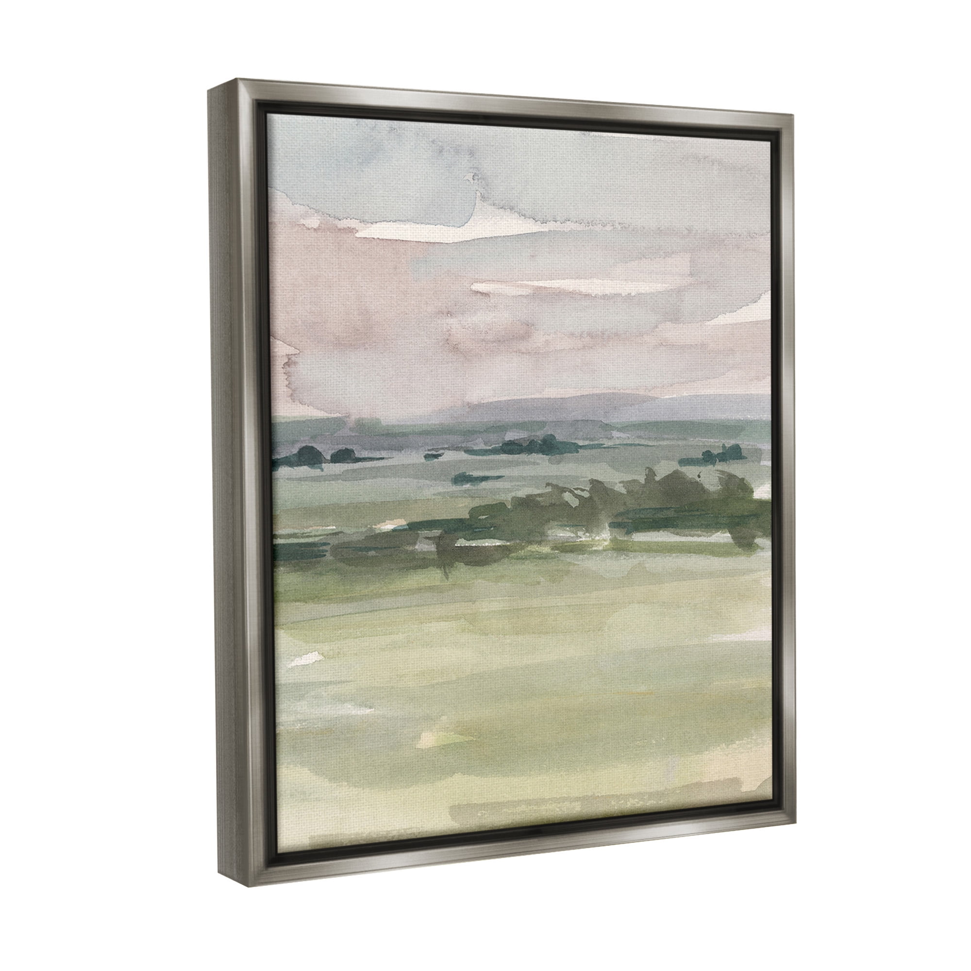 Stupell Industries Rural Watercolor Landscape Landscape Painting Gray Floater Framed Canvas Art Print Wall Art, 17 x 21