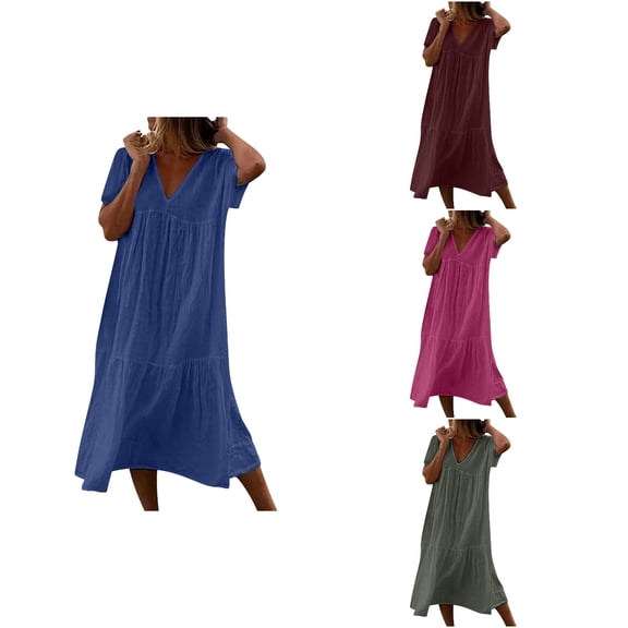 Antinious Women Short Sleeve V-Neck Solid Ruched Loose Casual Lightweight Dress