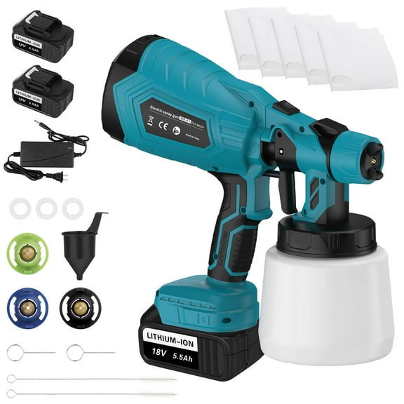 LabTEC Cordless Electric Paint Sprayer Battery Powered with 2PCS 5.5Ah Battery and Charger for House Painting, 3 Nozzles for Furniture, Cabinets, Wall, Fence