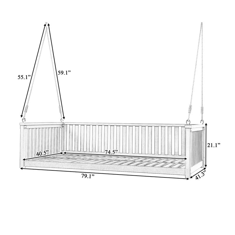 Patio Twin Size Garden Swing Bed, Wooden Porch Swing Frame with Ropes, Outdoor Hanging Swing for Garden, Backyard, Patio, Safe Sloped Design