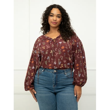 ELOQUII Elements Women's Plus Size Balloon Sleeve Blouse With Ties