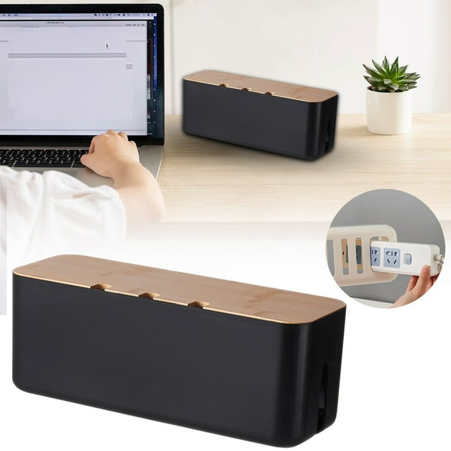 XIPYYKM Cable Management Box Small Black, Extension Cord Organizer for Power Stripe Surge Protector Wire Management Concealer Cover Hider for Desktop Home Office Kitchen (Black, 3 Holes)
