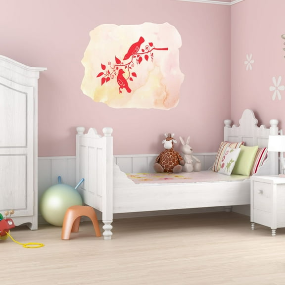 Animal Watercolor Wall Decals for Kids Room - Red Theme Tree Birds Silhouette Vinyl Outdoor Scene DIY & Creativity Boy Girl Bedroom Wall Water Color Sticker - Size: 10 In x 8 In