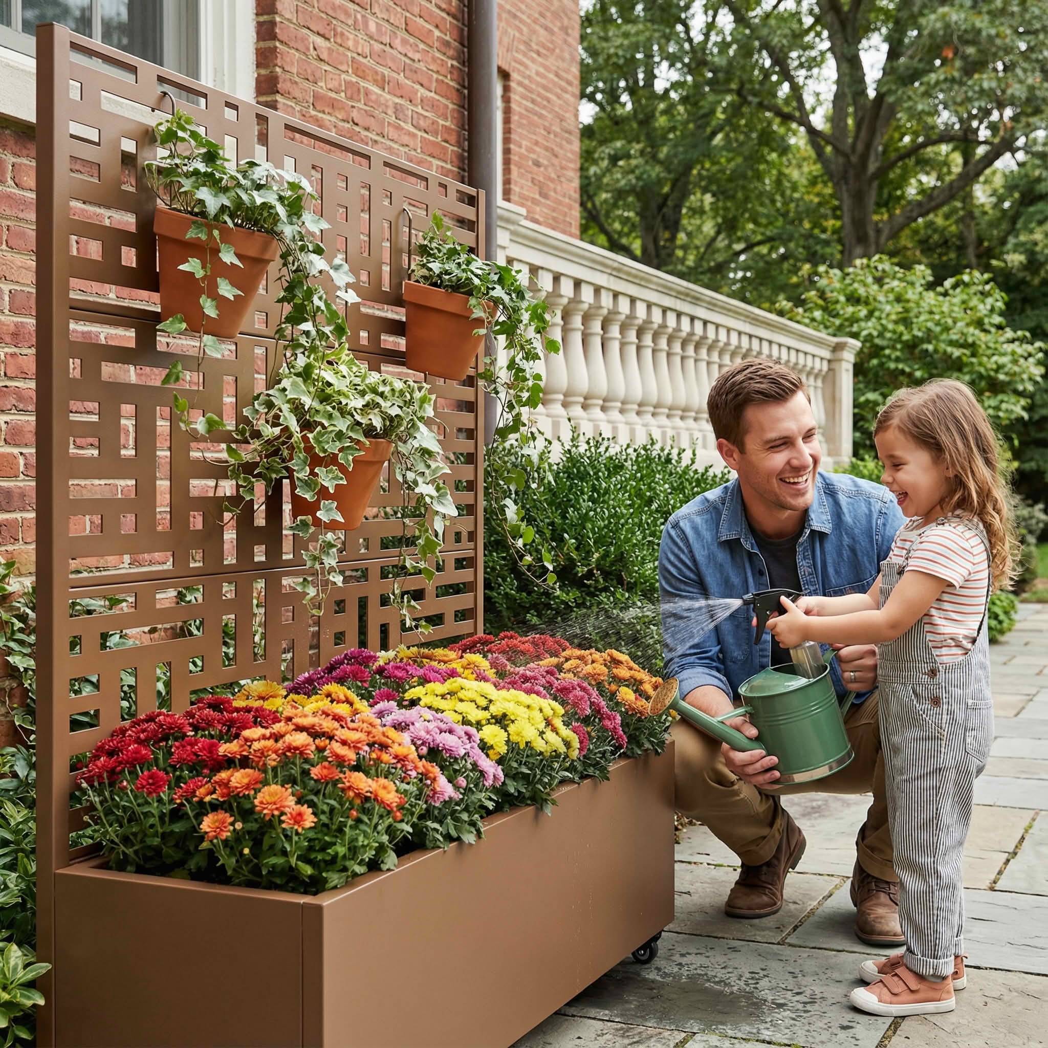 MAYEERTY 47X47" Metal Outdoor Brown Privacy Screen with Planter Box for Backyard & Garden, 3 Piece Set