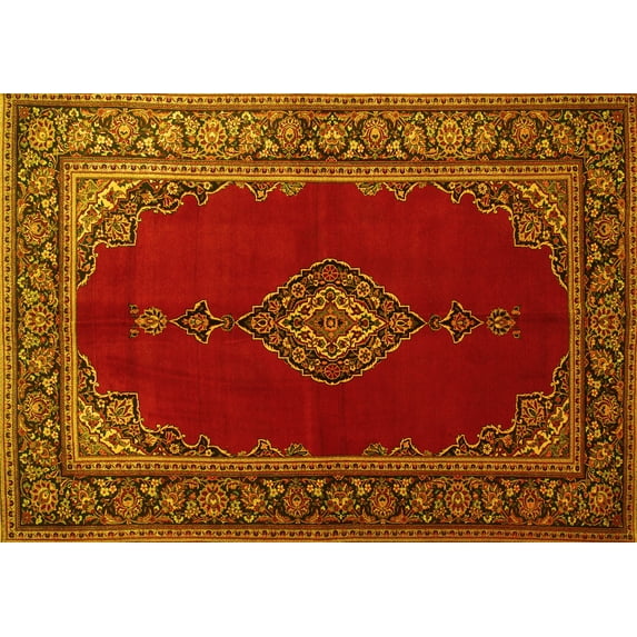 Ahgly Company Machine Washable Indoor Rectangle Medallion Yellow Traditional Area Rugs, 6' x 9'