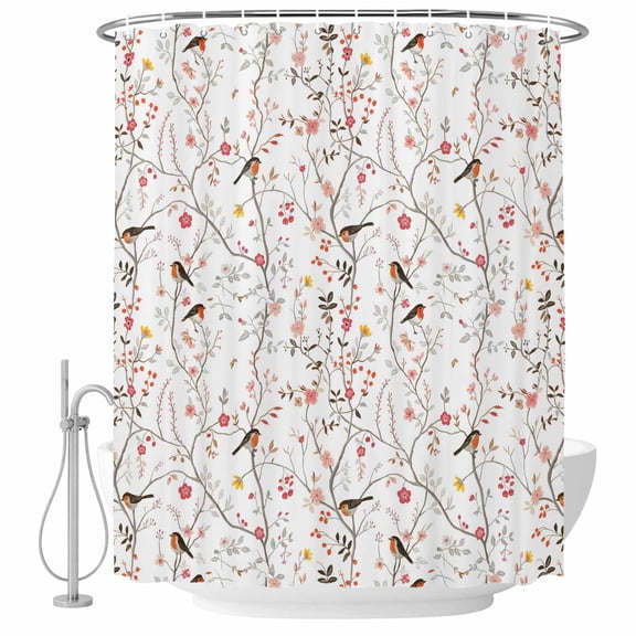 Flowers Birds Shower Curtain, Waterproof Shower Curtains for Bathroom, Farmhouse Botanical Floral Branches Plants Washable Fabric Bathtub Curtain Set Bath Decor with 12 Hooks 48"x72"